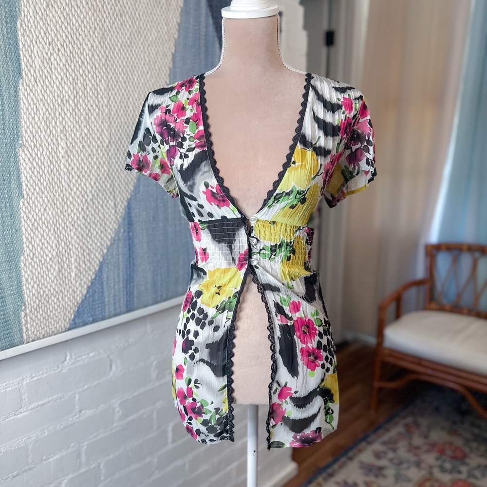 Bay Studio Pink and Yellow Gauzy Textured Zebra and Floral Open Front Blouse